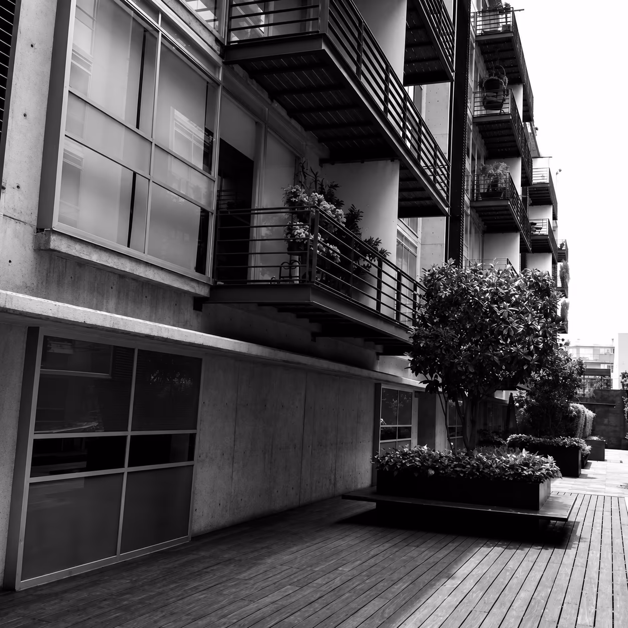 Patio interior de un edificio residencial en blanco y negro